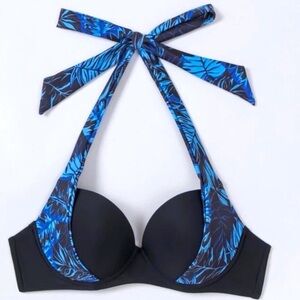 🏝️Tropical Print Halter Push Up Bikini Top Blue/Black